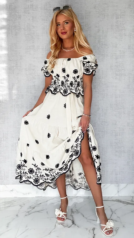Ekskluzywny komplet ECRU bluzka hiszpanka + spódnica ONE SIZE - P629