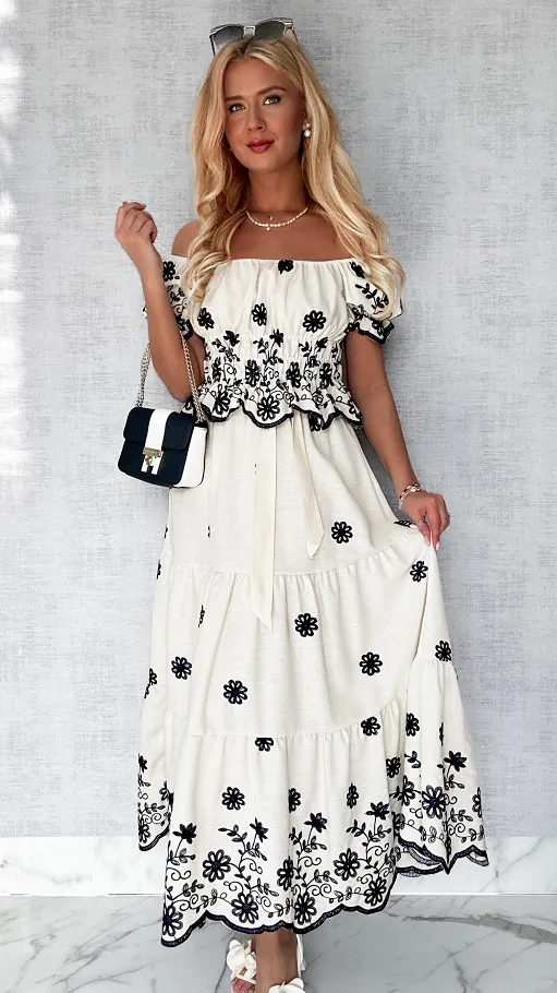 Ekskluzywny komplet ECRU bluzka hiszpanka + spódnica ONE SIZE - P629