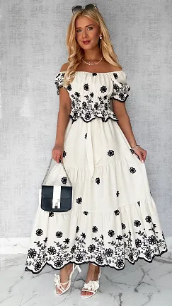 Ekskluzywny komplet ECRU bluzka hiszpanka + spódnica ONE SIZE - P629