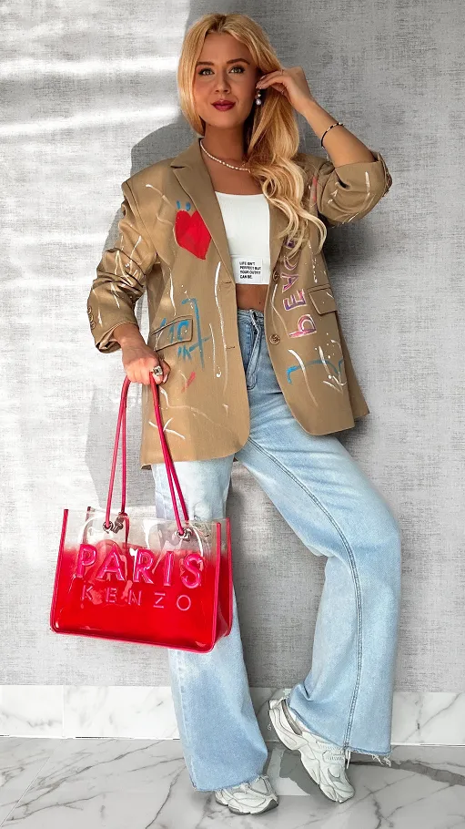 Fantastyczna beżowa marynarka w malowane wzory OVERSIZE - P681