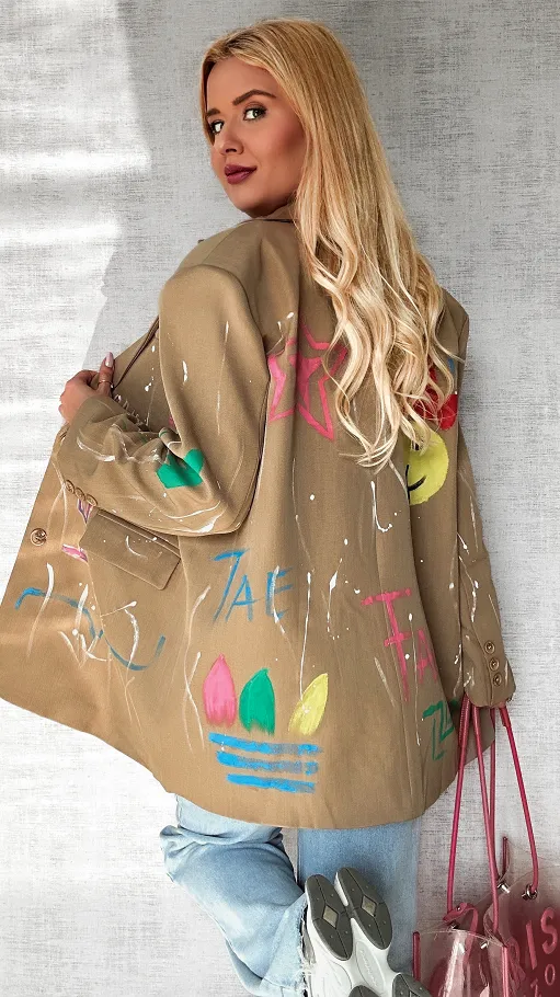 Fantastyczna beżowa marynarka w malowane wzory OVERSIZE - P681