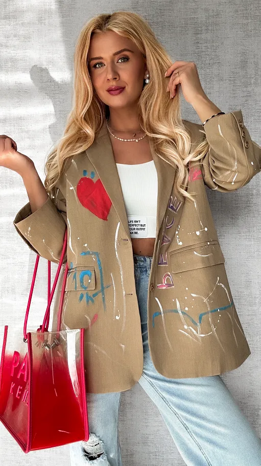 Fantastyczna beżowa marynarka w malowane wzory OVERSIZE - P681