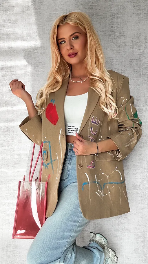 Fantastyczna beżowa marynarka w malowane wzory OVERSIZE - P681