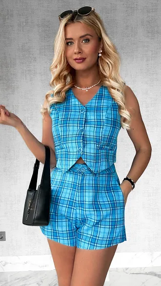 Modny NIEBIESKI komplet w kratkę kamizelka + krótkie spodenki - P379