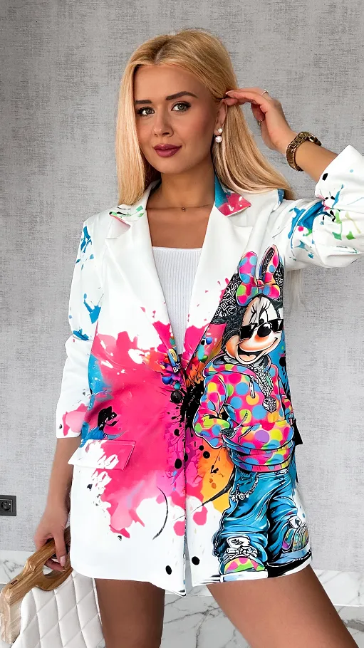 Biała marynarka OVERSIZE z bajkowym motywem - P346A