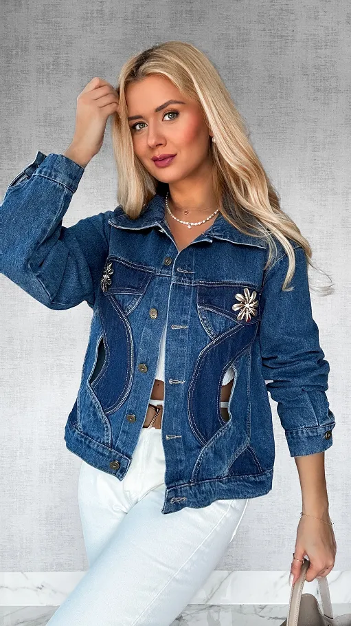 Bawełniana jeansowa kurtka z warkoczem i broszkami ONE SIZE - P520