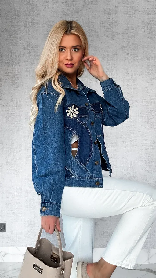 Bawełniana jeansowa kurtka z warkoczem i broszkami ONE SIZE - P520