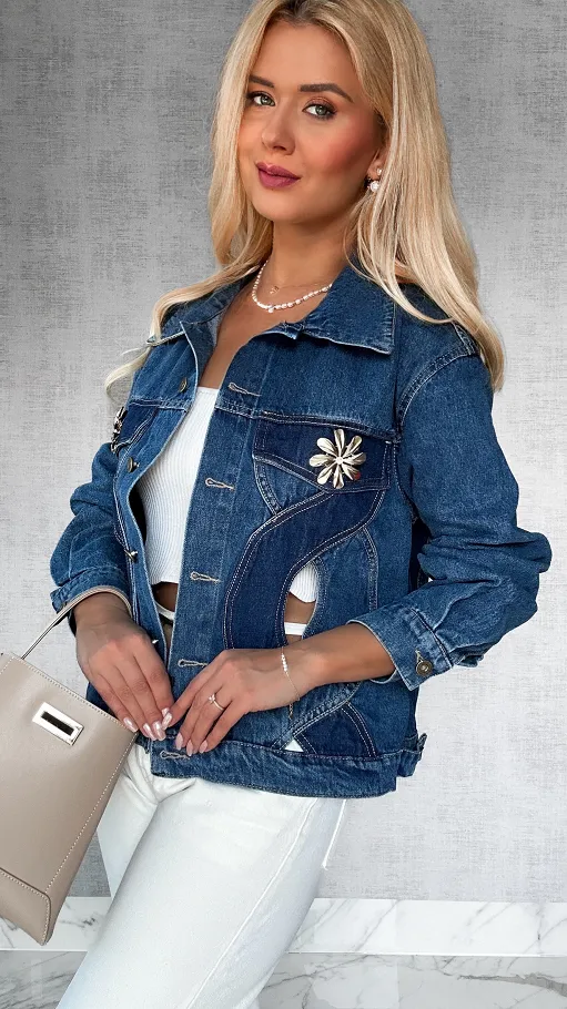 Bawełniana jeansowa kurtka z warkoczem i broszkami ONE SIZE - P520