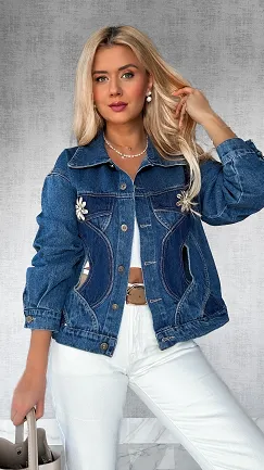 Bawełniana jeansowa kurtka z warkoczem i broszkami ONE SIZE - P520