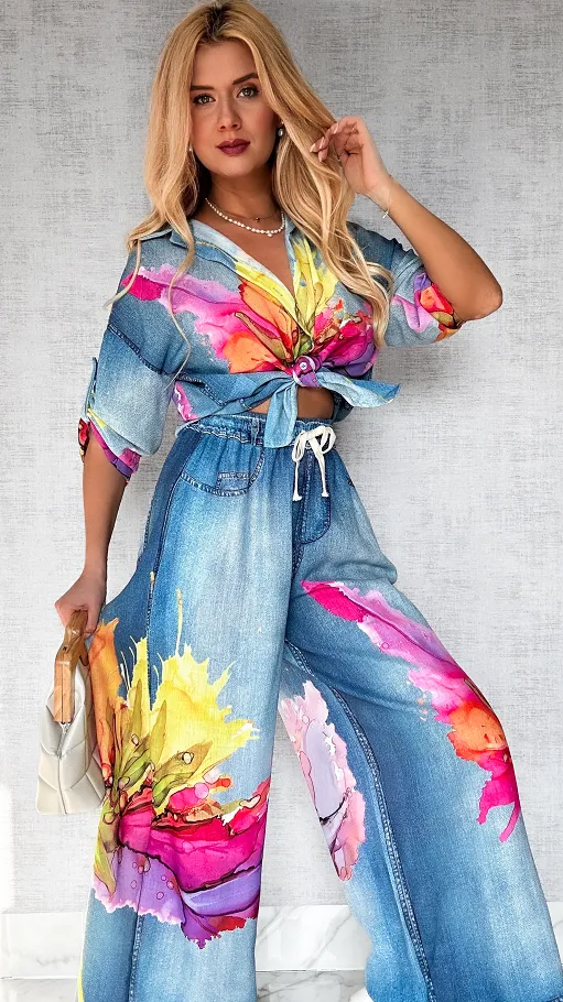 Lniany komplet w jeansowym wzorze z kolorowymi kwiatami ONE SIZE - P512A