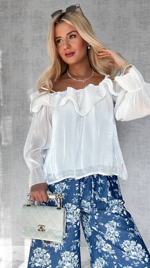 Stylowa biała bluzka hiszpanka z pięknym dekoltem ONE SIZE - P528