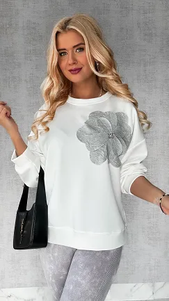 Masełkowa biała bluza z kwiatem ONE SIZE - P237D