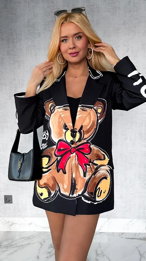 Niesamowita czarna marynarka OVERSIZE z misiem BABY DOLL - P344