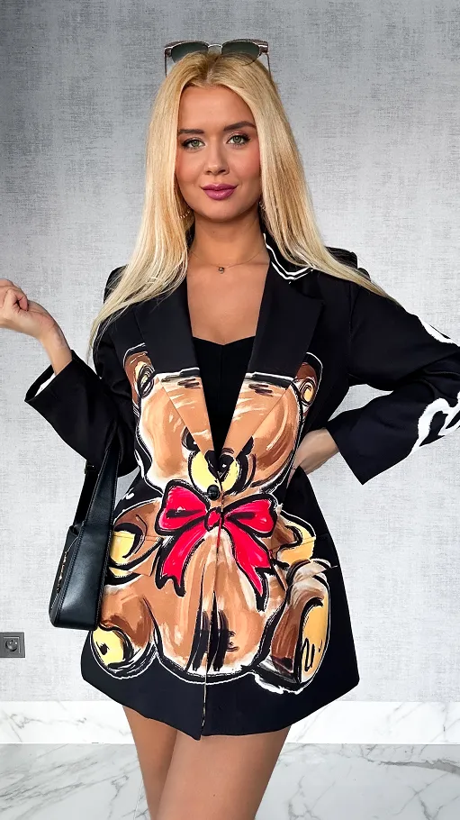 Niesamowita czarna marynarka OVERSIZE z misiem BABY DOLL - P344