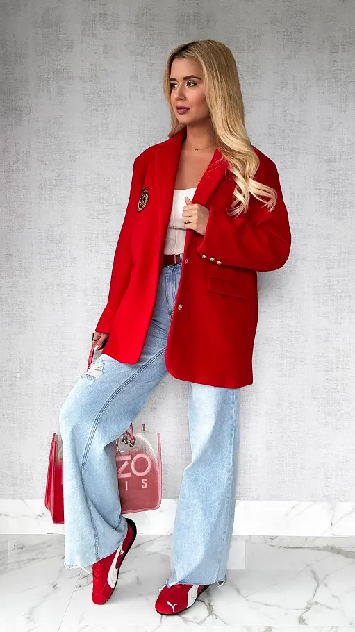 Marynarkowy ciepły płaszcz czerwony OVERSIZE - P359A