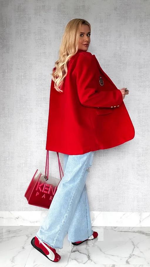 Marynarkowy ciepły płaszcz czerwony OVERSIZE - P359A