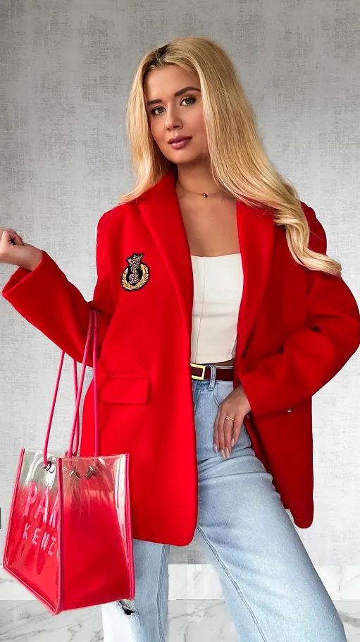 Marynarkowy ciepły płaszcz czerwony OVERSIZE - P359A