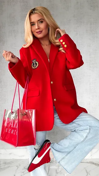 Marynarkowy ciepły płaszcz czerwony OVERSIZE - P359A