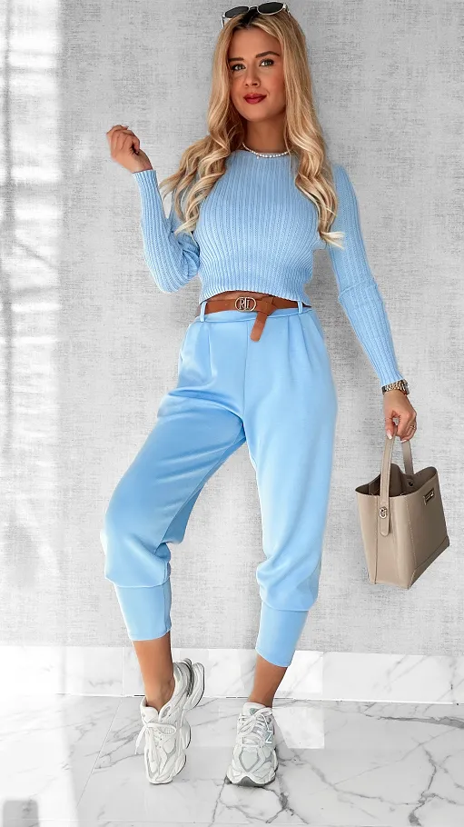 Wygodne masełkowe spodnie z paskiem ONE SIZE błękitne - P227C
