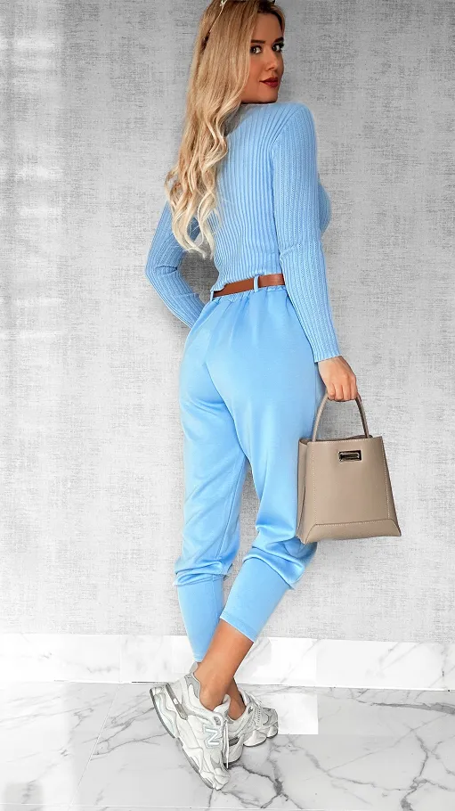 Wygodne masełkowe spodnie z paskiem ONE SIZE błękitne - P227C