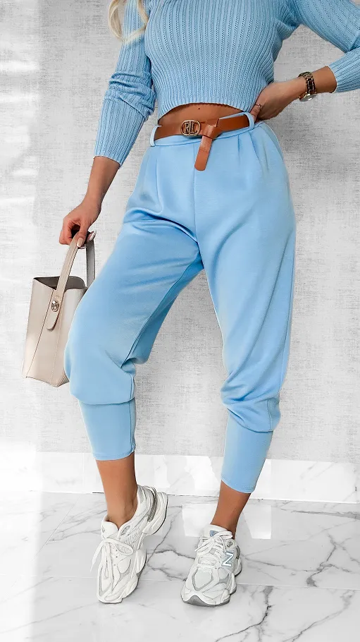 Wygodne masełkowe spodnie z paskiem ONE SIZE błękitne - P227C