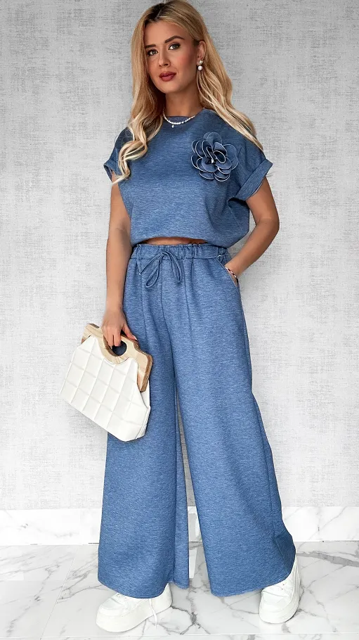 Wygodny komplet w kolorze JEANSOWYM bluza + spodnie ONE SIZE - P444