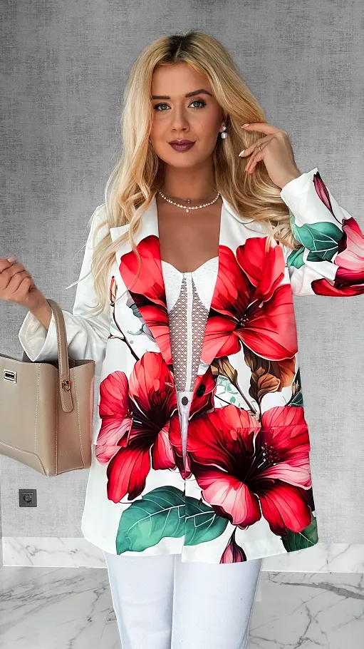 Wiosenna marynarka w duże kwiaty OVERSIZE biała - P434B