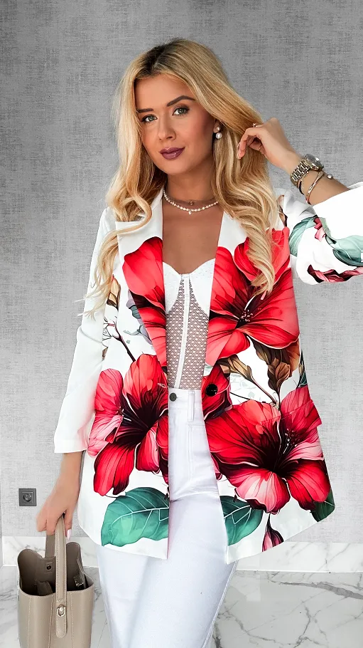 Wiosenna marynarka w duże kwiaty OVERSIZE biała - P434B