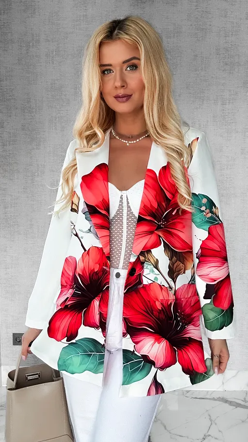 Wiosenna marynarka w duże kwiaty OVERSIZE biała - P434B