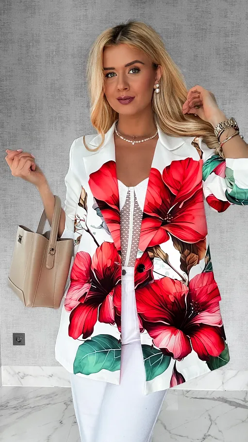 Wiosenna marynarka w duże kwiaty OVERSIZE biała - P434B