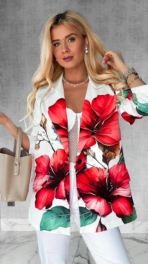Wiosenna marynarka w duże kwiaty OVERSIZE biała - P434B