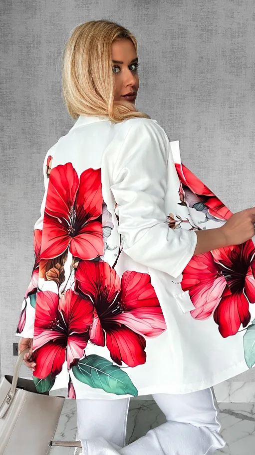 Wiosenna marynarka w duże kwiaty OVERSIZE biała - P434B