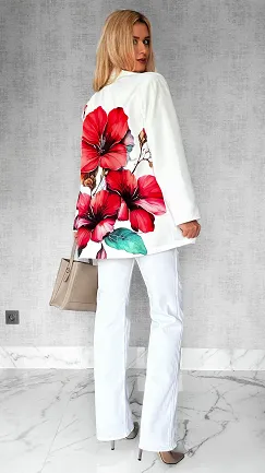 Wiosenna marynarka w duże kwiaty OVERSIZE biała - P434B