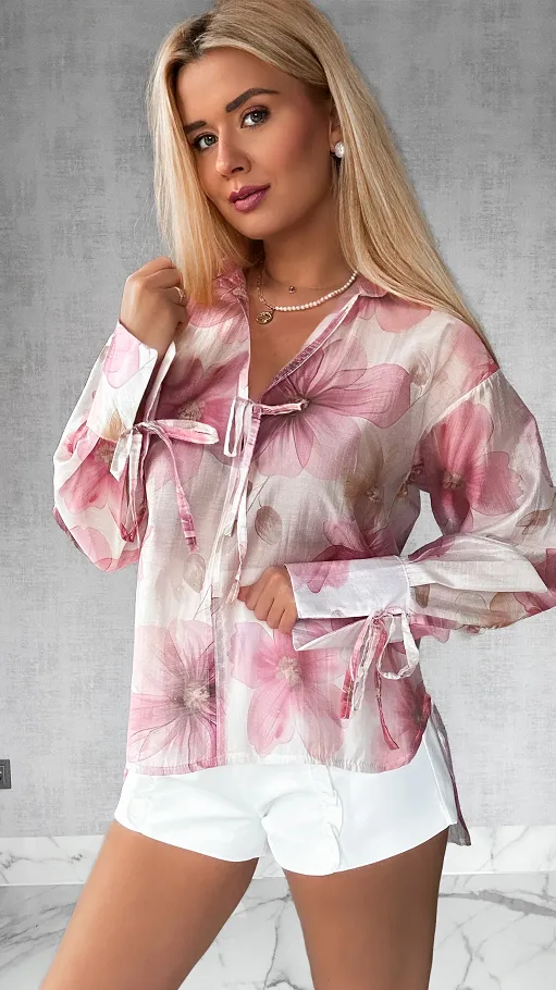 Asymetryczna bluzka MGIEŁKA w malowane różowe kwiaty ONE SIZE - P432A
