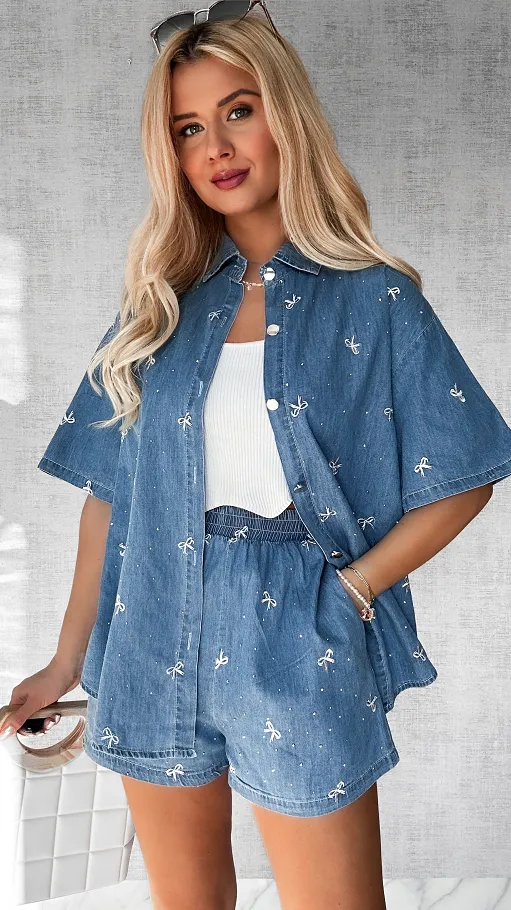 Bawełniany mięciutki komplet jeansowy w kokardki ONE SIZE - P526