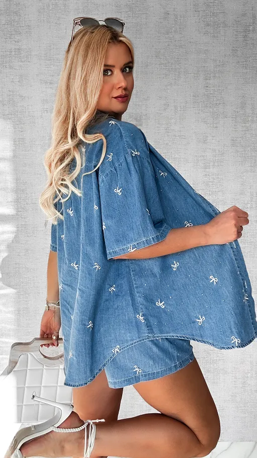 Bawełniany mięciutki komplet jeansowy w kokardki ONE SIZE - P526