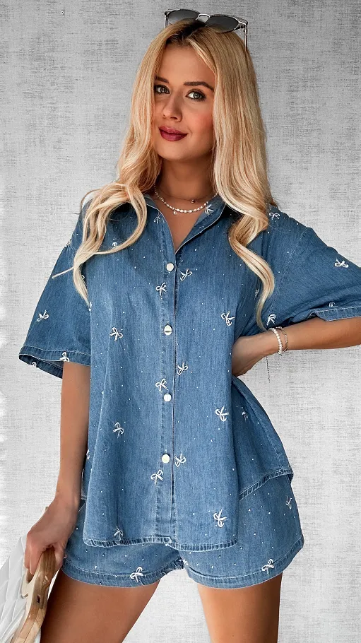 Bawełniany mięciutki komplet jeansowy w kokardki ONE SIZE - P526