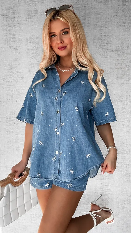 Bawełniany mięciutki komplet jeansowy w kokardki ONE SIZE - P526