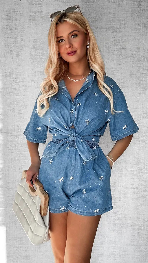 Bawełniany mięciutki komplet jeansowy w kokardki ONE SIZE - P526