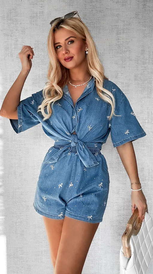 Bawełniany mięciutki komplet jeansowy w kokardki ONE SIZE - P526