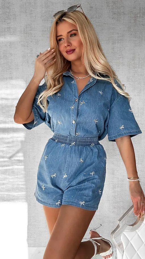 Bawełniany mięciutki komplet jeansowy w kokardki ONE SIZE - P526