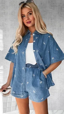 Bawełniany mięciutki komplet jeansowy w kokardki ONE SIZE - P526