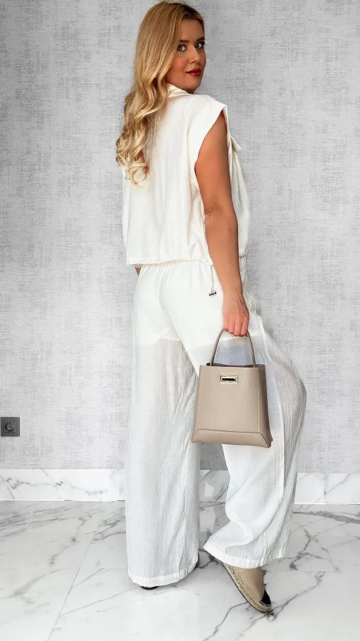 Lekki bawełniany komplet kamizelka + spodnie ONE SIZE ecru - P497
