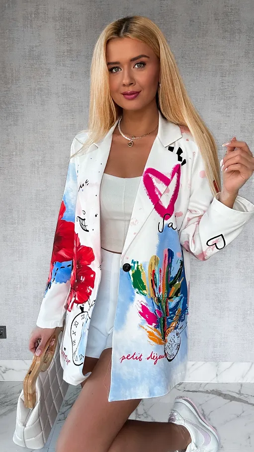 Modna marynarka ecru OVERSIZE z motywem maków - P228