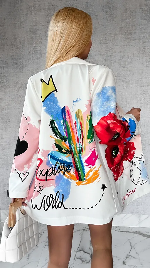 Modna marynarka ecru OVERSIZE z motywem maków - P228