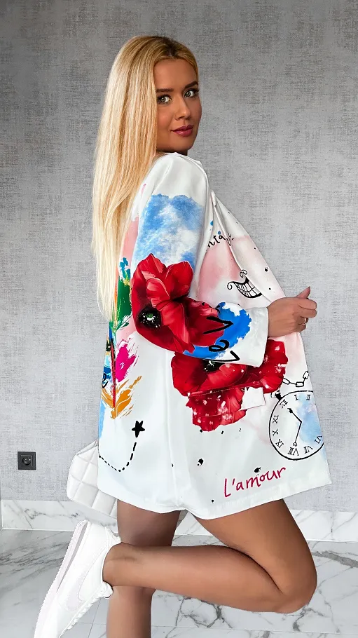 Modna marynarka ecru OVERSIZE z motywem maków - P228