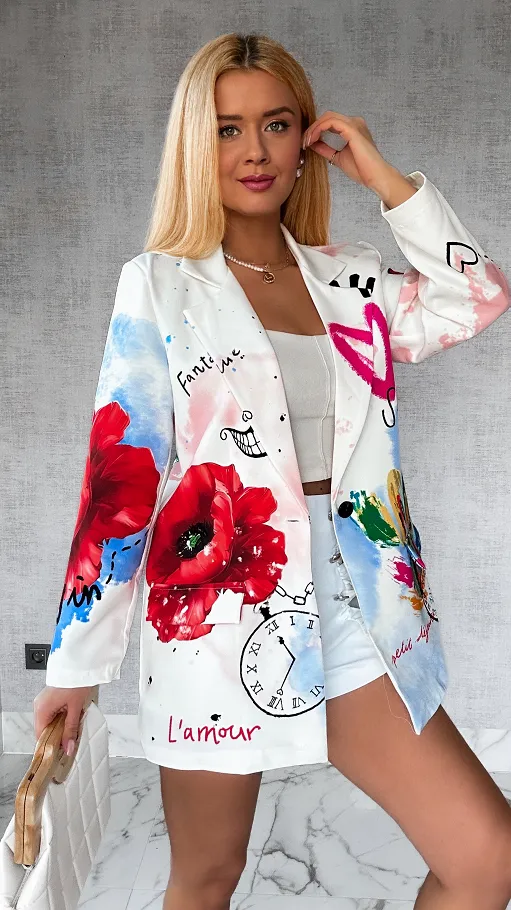 Modna marynarka ecru OVERSIZE z motywem maków - P228