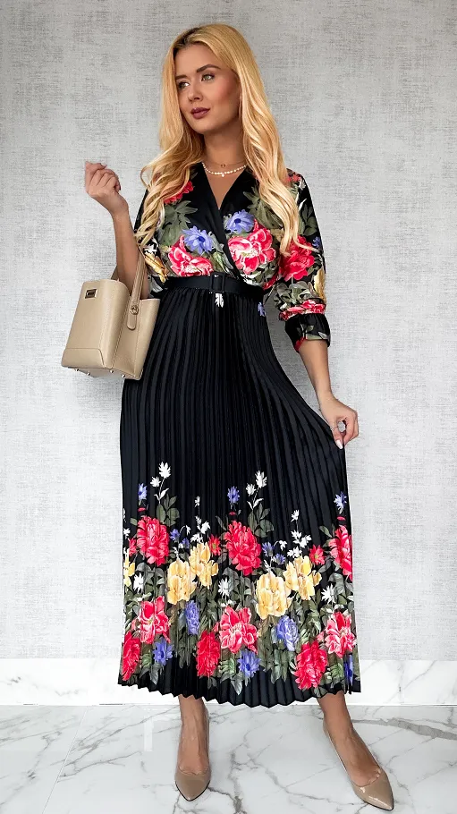 Cudowna MAXI sukienka w kwiaty z plisowanym dołem BLACK - P511D