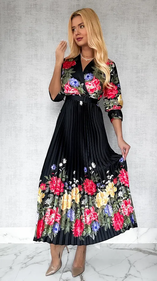 Cudowna MAXI sukienka w kwiaty z plisowanym dołem BLACK - P511D