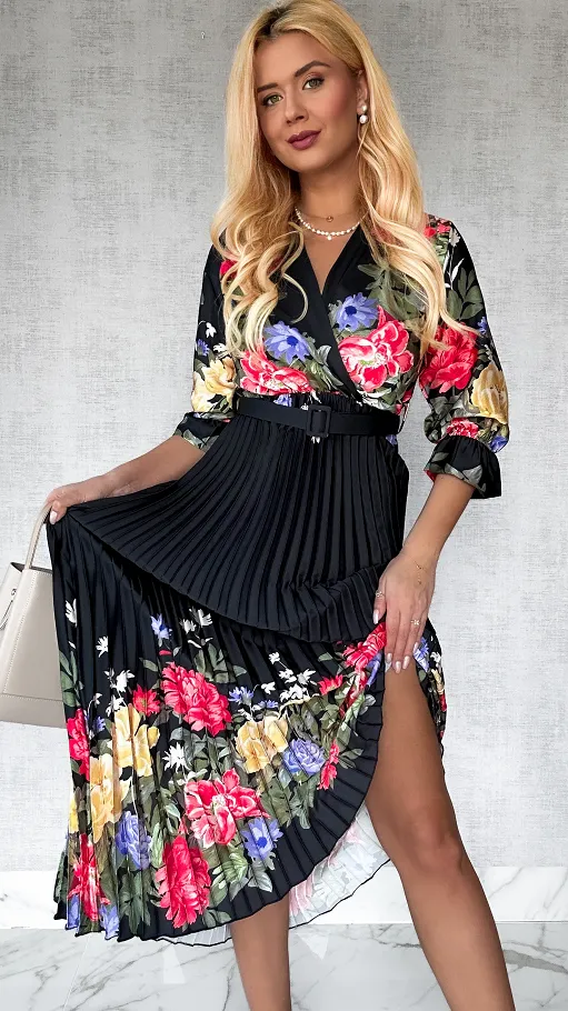 Cudowna MAXI sukienka w kwiaty z plisowanym dołem BLACK - P511D